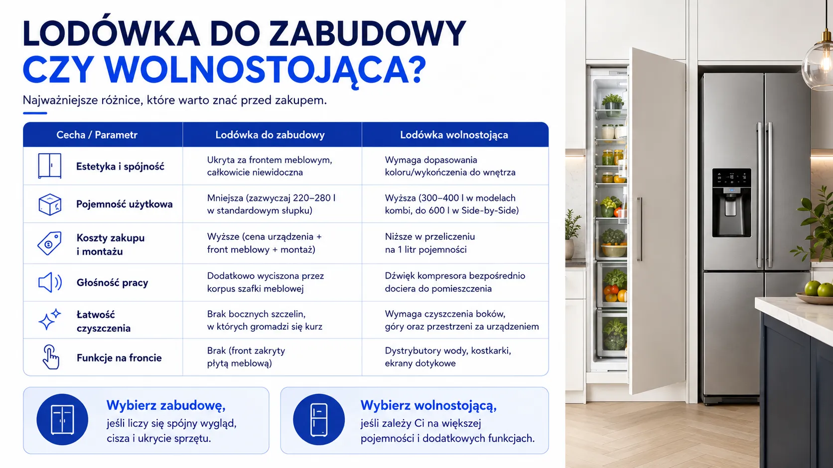 Lodówka do zabudowy czy wolnostojąca? Najważniejsze różnice, które warto znać przed zakupem