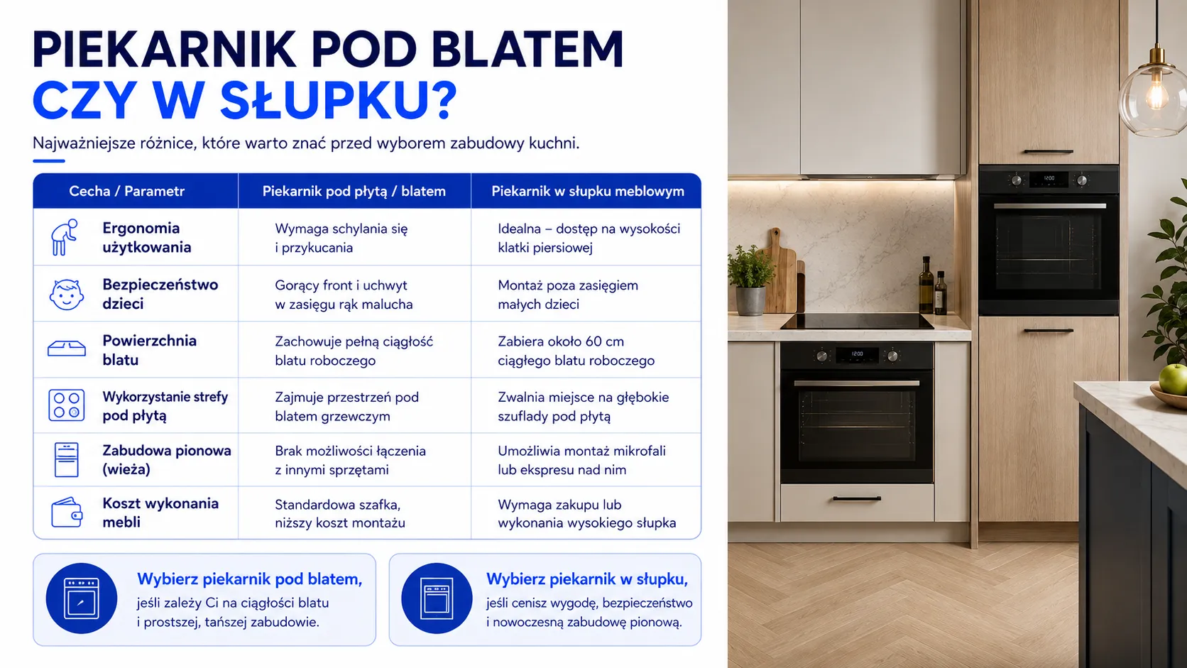 Piekarnik pod blatem czy w słupku? Najważniejsze różnice, które warto znać przed wyborem zabudowy kuchni