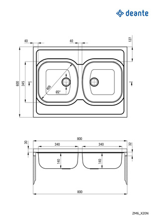 Zlewozmywak stalowy 2-komorowy - nakładany ZM6_320N - Deante