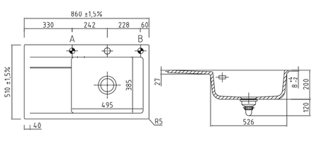 Zlew ceramiczny nablatowy SYSTEMCERAM Stema 86SL Polar 13 prawa komora - 50100113