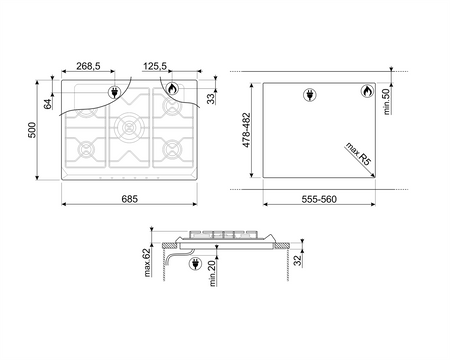 Płyta gazowa, 70 cm, Victoria, czarny SR975NGH - Smeg