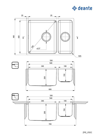 Zlewozmywak stalowy 1.5-komorowy podwieszany ZPE_050C - Deante