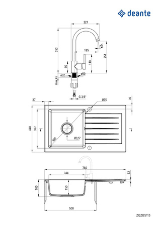 Zlewozmywak granitowy z baterią 1-komorowy z ociekaczem ZQZBS113 - Deante