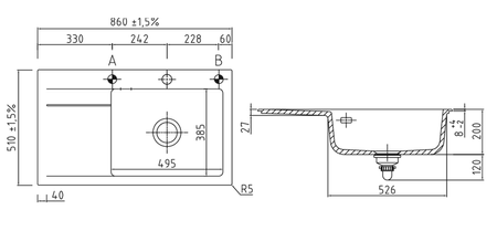 Zlew ceramiczny nablatowy SYSTEMCERAM Stema 86SL Polar 13 prawa komora - 50100113