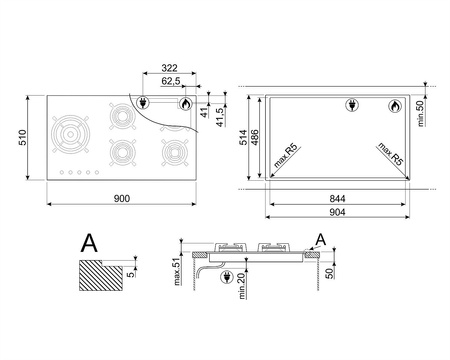 Płyta gazowa, 90 cm, Classica, czarny PV395LN - Smeg