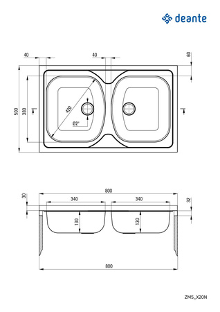 Zlewozmywak stalowy 2-komorowy - nakładany ZM5_020N - Deante