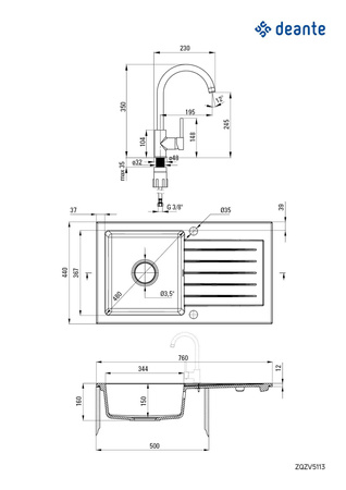 Zlewozmywak granitowy z baterią 1-komorowy z ociekaczem ZQZVA113 - Deante