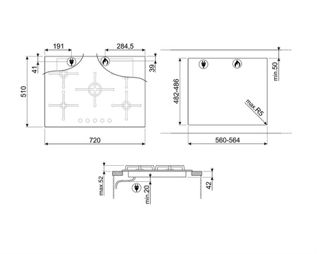 Płyta gazowa, 72 cm, Selezione, czarny PV275B - Smeg