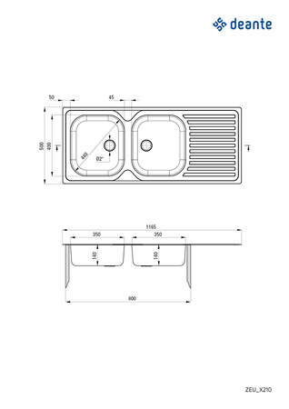 Zlewozmywak stalowy 2-komorowy z ociekaczem ZEU_0210 - Deante