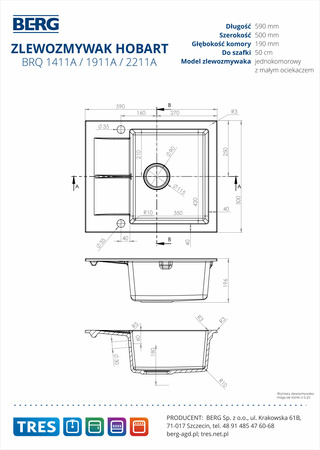 Zlew kuchenny BERG  HOBART BRQ1411A 1,0 MOC 590X500 ONYX
