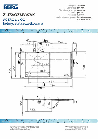 Zlew kuchenny BERG ACERO 1.0 OC komora LEWA SZCZOTKOWANA STAL 780x510x200 ACERO1OCL