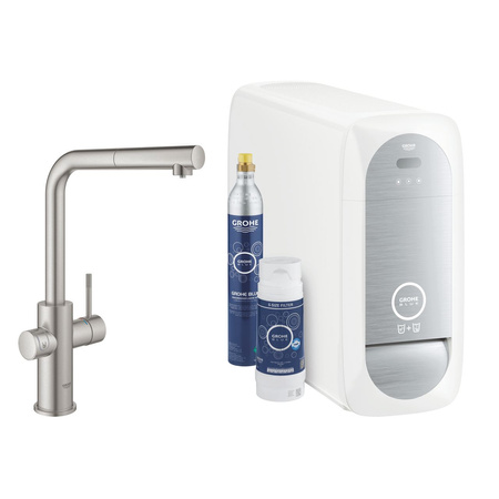 GROHE Blue Home - zestaw startowy z baterią filtrującą wodę i jednostką chłodzącą, z wyciąganą wylewką typu L. Conected. 31539DC0