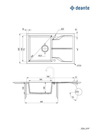 Zlewozmywak granitowy 1-komorowy z ociekaczem - montowany na równi z blatem ZQN_A11F - Deante
