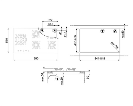 Płyta gazowa, 90 cm, Classica, czarny PV395LN - Smeg