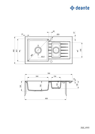 Zlewozmywak granitowy 1.5-komorowy z ociekaczem ZQZ_7513 - Deante